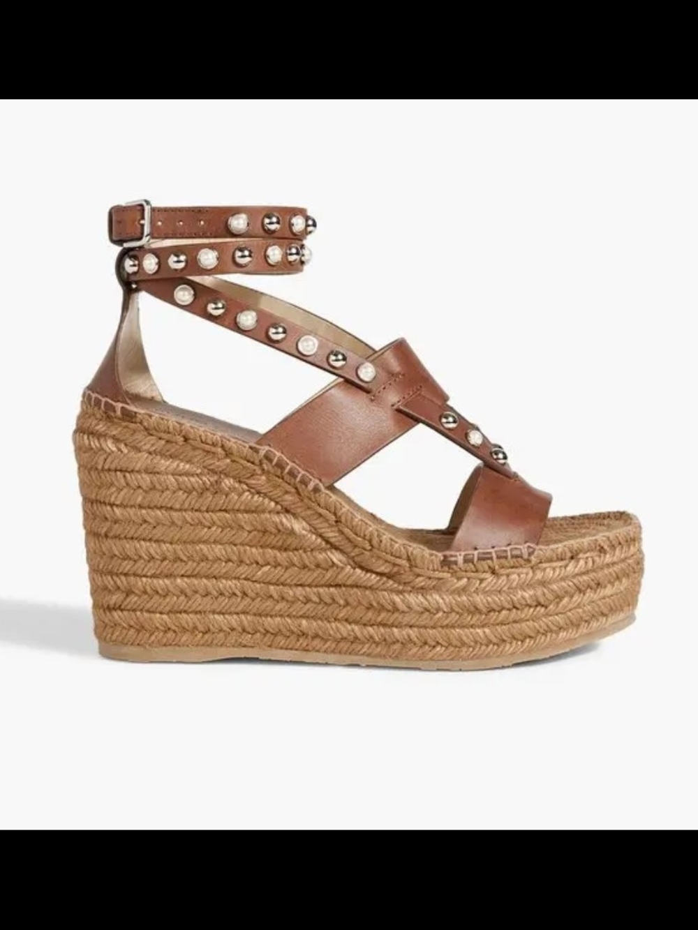 Jimmy Choo Danica 110 Cognac Leather w/ Pearls and Studs Wedges Sz 36.5, NIB